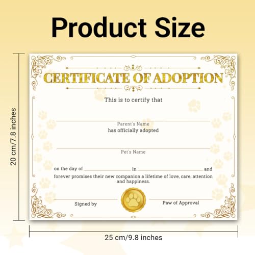 Doodlream 30 Stück Golden Lace Haustier Adoptionszertifikat Papier 25 x 20cm Große Blanko Adoptionszertifikate für Welpen Oder Katzen für Tierheime und Tieradoptionszentren