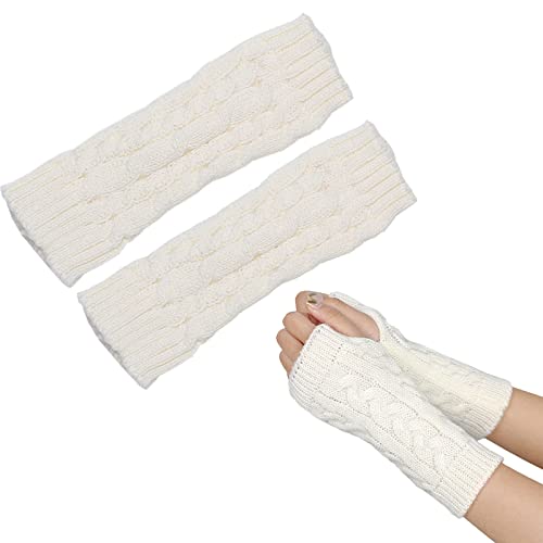 Cosswe Fingerlose Handschuhe Winter Armstulpen Gestrickt Armhandschuhe Mit Daumenloch Winterhandschuhe Fäustlinge zum Tippen Und Fahren Weiß