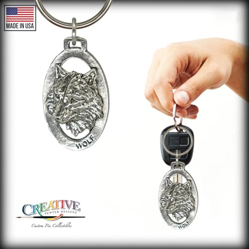 Wolf Keychain, Pewter, M041KC, 2”, 100% Handmade in the USA, Wolf Head Keychain, Canis lupus Key Chain, Key Ring, Key Fob, Wolf Gift, 200 Mammal Designs Available.4