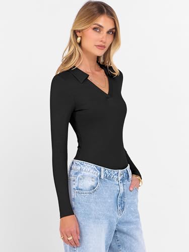ANRABESS Women Long Sleeve Polo Shirts V Neck Slim Rib Knit Collared Dressy Business Casual Top 2025 Basic Tee Fall Outfits4