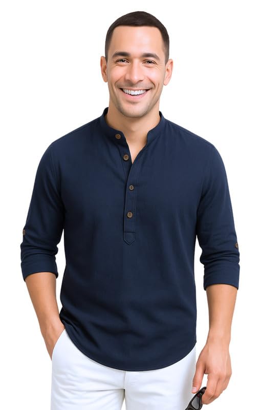 Image of DEEMOON Men's Cotton Blend Solid Regular Fit Full Sleeve Short Kurta | Men's Trendy Short Kurta