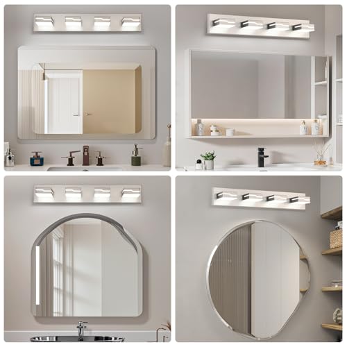 Image of LED Modern Bathroom Vanity Light Fixtures 4-Light, 25.5 inch Dimmable Nickel Vanity Lights for Bathroom Lighting Fixtures Over Mirror, with 350Rotatable Acrylic Heads(White Light 5500K)