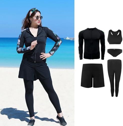 Womens Wetsuit Plus Size 4xl-5xl, Diving Suit 5 Piece Add Fertilizer Large Size Long Sleeve With Chest Pad Elastic Zipper Sunscreen Sailboat, Black, 5XL