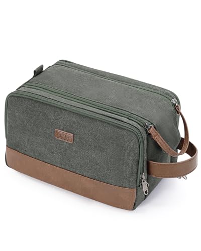 WANDF Kulturtasche für Herren, Reise-Kulturbeutel, Kosmetiktasche mit Segeltuch und PU Leder, Wasserabweisende Rasiertasche für Reisezubehör(Grün, M, Patent angemeldet)