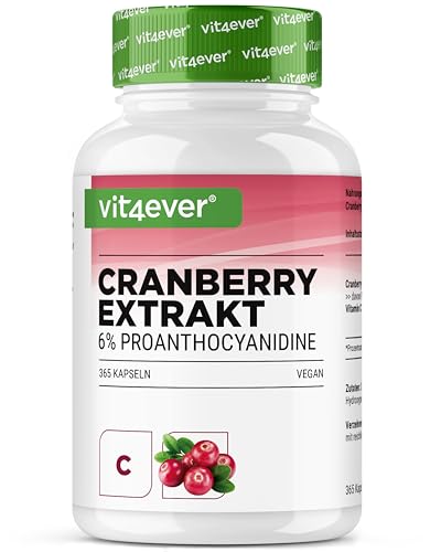 Extracto de arándano rojo + Vitamina C – 365 cápsulas de arándano rojo – Extracto 25:1, equivalente a 25.000 mg – 6% proantocianidinas – Alta dosis, sin aditivos indeseados, vegano