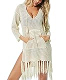 Jeasona Swimsuit Cover Ups for Women Beach Bathing Suit Bikini Crochet Dress (Beige, M)