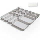Schubladen Organizer Box Organizer Schubladen Ordnungssystem 16 Stk Küche Badezimmer Kosmetik Gewürz Aufbewahrung Organisation Drawer Kunststoff Büro Schreibtisch Trenner mit Silikonmatten (Hellgrau)