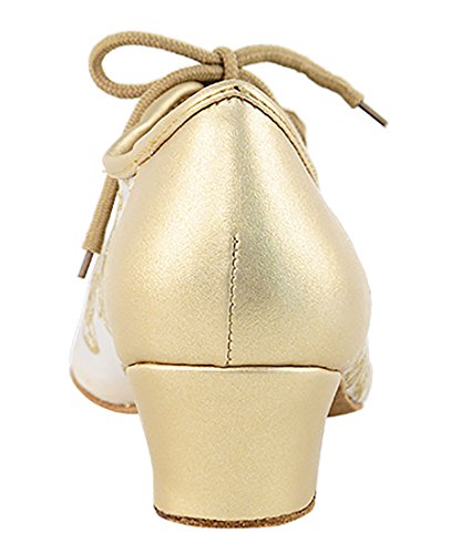 Very Fine Dance Shoes - Ladies Practice, Cuban Low Heel Ballroom Dance Shoes - 2002-1.5-inch Heel and Foldable Brush Bundle - Light Gold Leather - #79 Mesh - 94