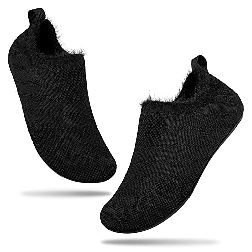 Sosenfer Chaussons confortables pour femme et homme - Antidérapants - Pantoufles plates - Chaussons cozy - Unisexe, Peluche noire, 40 EU Cover