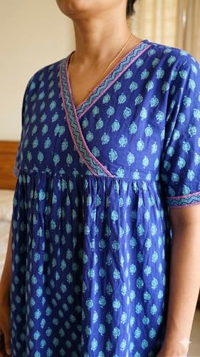 Image of Evolove Cotton Nighty Maxi for Women with Side Pocket | Floral Print Round Neck Short Sleeves Full Length Night Wear Gown