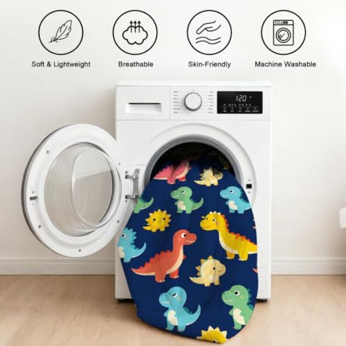 Image of Cartoon Dinosaur Comforter Set for Boys Colorful Twin Bedding Set | Navy Blue Cute Colorful Dino Floral Print Bedding Set for Kids Girls, Washable Soft Bed Set with 1 Comforter 1 Pillowcase