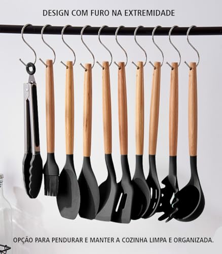 Kit 12 Peças De Cozinha Em Silicone E Cabo De Madeira Jogo De Utensílios Resistente ao Calor Antiade