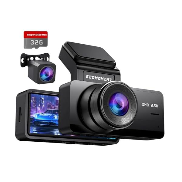 Dash Cam Front and Rear: 2.5K+1080P Dual Dash Camera for Cars, Ecomoment S70 Car Camer with 3.16″ IPS Screen, 170° Wide Angle, Night Vision, G-Sensor, 24H Parking Monitor, 32GB SD Card Included