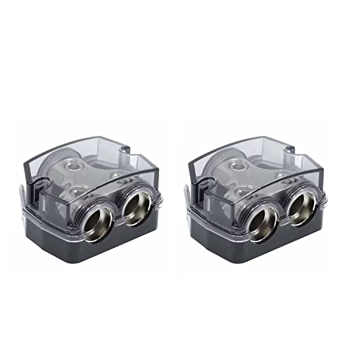 RKURCK 2 Way Power Distribution Block, 0/2/4 AWG Gauge in, 0/4/8/10 Gauge Out, Car Audio Stereo Amp Distribution Connecting Block for Audio Splitter (1x0GA+2x0GA) 2 Pack