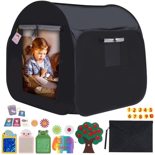Pop Up Sensory Tent for Kids|Calm Down Corner Kit Blackout Tent for Children with Anxiety, ADHD & Improve Focus for Travel,Classroom,Bedroom Special Needs Sensory Room Equipment,Black
