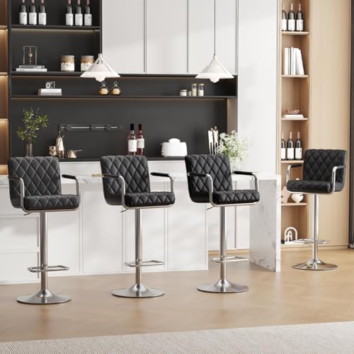 Ckaff Tabouret de Bar Lot de 4, Chaise de Bar Haute Cuisine en Similicuir, Chaises de Bar Hauteur Réglable, Pivotant à 360° avec Repose-Pieds et Accoudoirs...