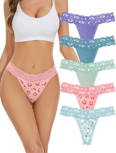 VOENXE Tangas de Mujer Encaje Bragas,Tangas Femenina Pack,Sin Costuras Braguitas,Ropa Interior,para Mujeres,Women Multicolor con Acabado Fino Que No Marca,Suaves y Elásticos Thong Underwear,5 Pack