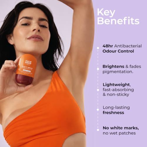 Image of Hula Hoop Brightening Underarm Roll On | Exfoliates & Fades Dark Underarms| 48Hr Odour Control with 5% AHA, Vitamin C | 0% Alcohol & Aluminium Free, Citrus Fragrance | For Men & Women, 40ml
