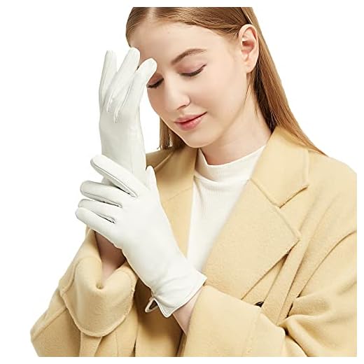 NOVBJECT Leather Gloves for Women Italian Lambskin Leather Winter Genuine Warm Cashmere Knitted Lining, Non-touch screen, White, L