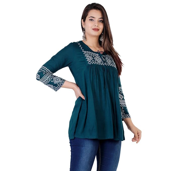 Image of Avayayat Women's Rayon Classic Heavy Embroidery Top with Beautifull Tassels at Front and on Both Sleeves Regular Fit Office Wear Festival Tunic Jeans Summer