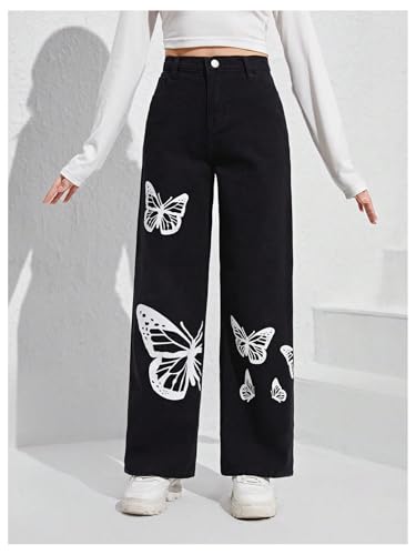 SweatyRocks Girl's High Waisted Solid Straight Leg Jeans Casual Loose Denim Pants4