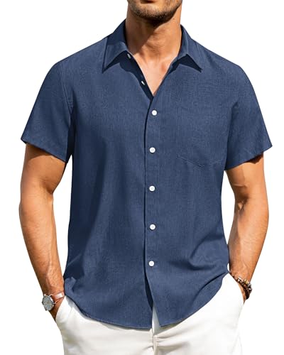 Image of Alimens & Gentle Mens Linen Shirts Short Sleeve Button Down Shirts Wrinkle Free Casual Vacation Beach Summer Tops