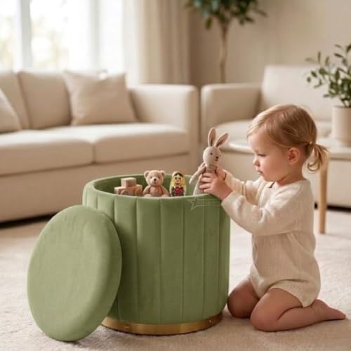 Image of Superior Round Storage Ottoman Stool 13 X 13X 16 inch, with Gold Metal Base | Elegant Pouffe with Secret Storage | Cushioned Footrest for Living Room, Bedroom, and Lounge Pista Green