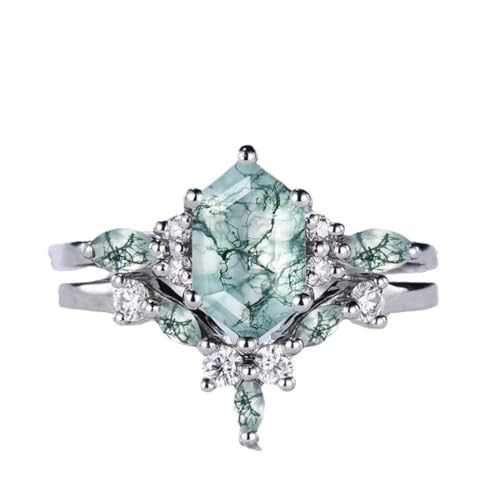 AHTAMOS Natural Moss Agate Rings 925 Sterling Silver 5x9mm Hexagon Moss Agate and Marquise Moss Agate Engagement Ring for Women Moss Agate Bridal Set Free Engraving Style 12