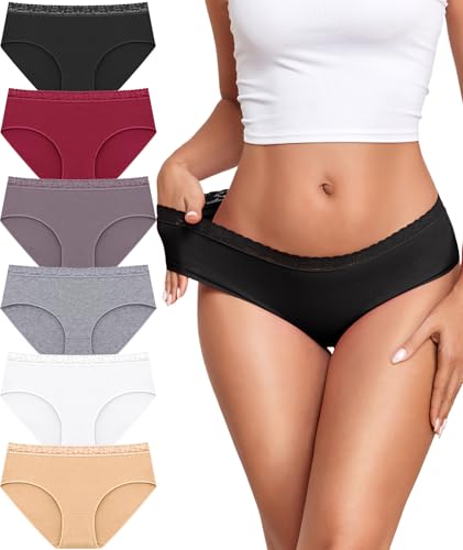 READY TO LOVE Cotton Underwear for Women 6 Pack Full Coverage Briefs Sexy Panties Lace Waistband Ladies Bikini Hipster