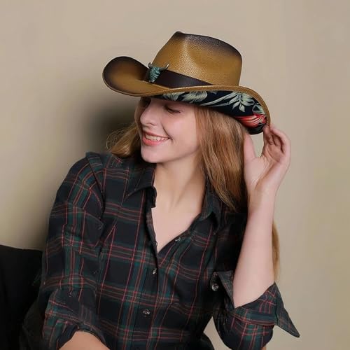 Image of Cowboy Hats for Women, Brown Cowgirl Hats Classic Straw Western Hats for Women Music Festival Party Beach.