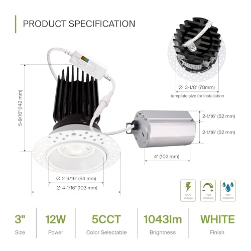 ASD Trimless 3 Inch Gimbal LED Recessed Light, 12W 120V Canless LED Downlight, Adjustable Dimmable Directional Ceiling Light with J-Box, 5 CCT 2700K-5000K, CRI 90+ IC Rated Airtight, ETL White 18 Pack by ASD - Image 2