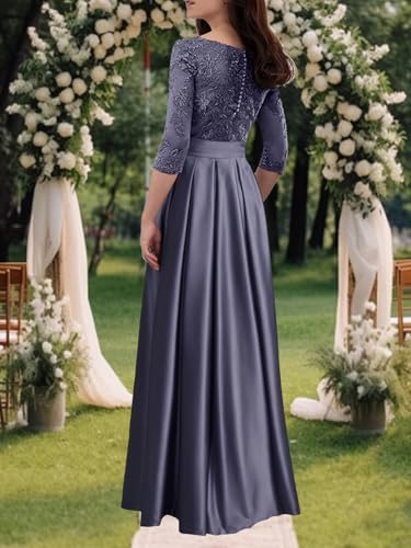 Mother of The Bride Dresses Long Evening Formal Dress Lace Wedding Guest Groom Gowns Applique 3/4 Sleeve Bowknot3