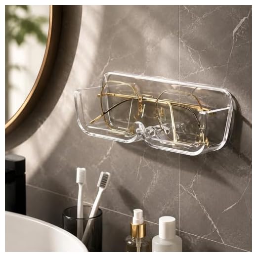 Adhesive Wall Mount Eyeglasses Holder, Clear Acrylic Sunglasses Storage Organizer, No Drill Glasses Rack for Bathroom Vanity Bedroom Cabinet Wall