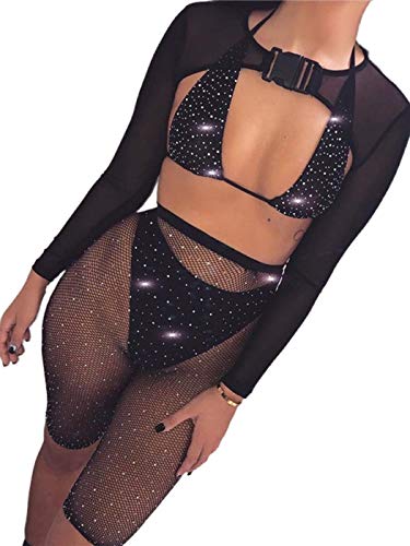 Fstrend Sparkly Sequins Bikini Sets Rhinestone Crystal Swimwear Bra Suit (Black)