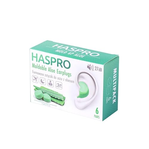 HASPRO MOLD 6P Bouchons d'oreille à l'aloe vera – Silicone malléable, enrichi en aloe vera pour plus de confort, d'hydratation et de propriétés antibactériennes – Étanches, réutilisables pour la