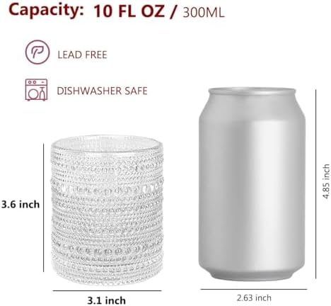 Hobnail Drinking Glasses Set of 6, 10 oz, Cocktail Glasses Vintage Glasses Drinking Set Glass Cups Mixed Drinkware Set Vintage Glassware Set for Juice, Cocktail, Whisky, Soda, Beverages. Clear - Thumbnail 4