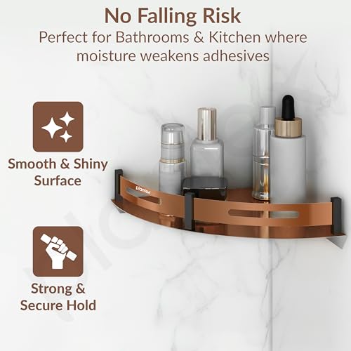 Image of Plantex Bathroom Corner Rack for Wall /Stainless Steel Shelf for Bathroom Corner with Railings /Bathroom Accessories Holder (12x12 inches, PVD Rose Gold & Black)