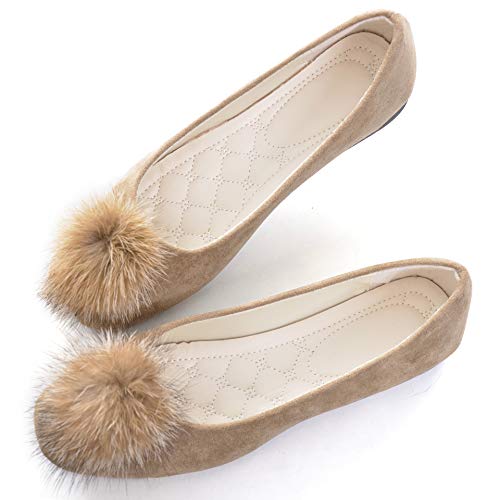 VFDB Women's Faux Suede Slip On Ballets Loafers,Metal Buckle Square Toe Comfort Light Walking Moccasin Loafers