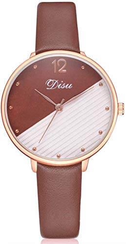 Damenuhr Quarz-Armbanduhr mit rundem Zifferblatt, Kontrastfarbe mit PU-Armband für Elegante Frauen, Braun