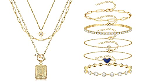 Mjartoria Bundle - 14K Gold Plated Layered Initial Necklaces For Women Trendy And Layered Initial Bracelets For Women, 14K Real Gold Handmade #TOP16