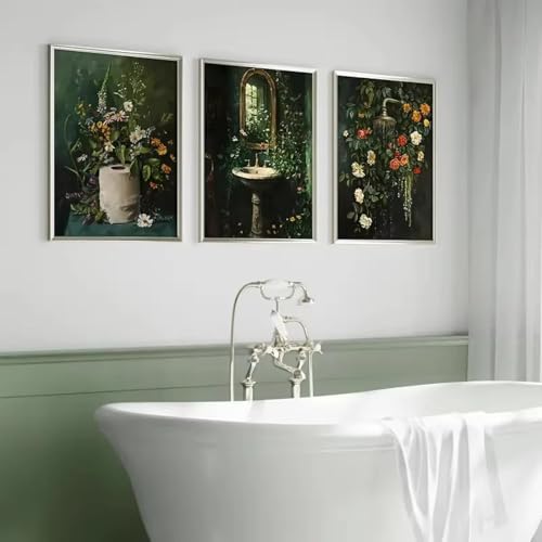Affiche murale rétro vert foncé à motif floral en toile décoration salon 40x60cm sans cadre
