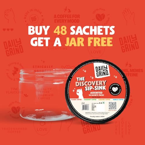 Image of DAILYGRIND Classic Instant Coffee Sachets 2 g Each - Pack of 48 | Freeze-Dried Arabica Coffee Granules with Free Jar | Perfect for Mochas, Espresso, Cappuccino, Latte, Frappes | Hot & Cold Brews 96 g