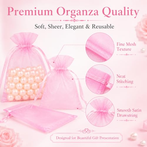 Image of Hopttreely 50 Pcs Pink Organza Bags 4x4.72 Inch, Sheer Mesh Gift Bags Bulk with Drawstring, Small Jewelry Candy Soap Makeup Sachet Pouches for Wedding Baby Shower Birthday Party Favors