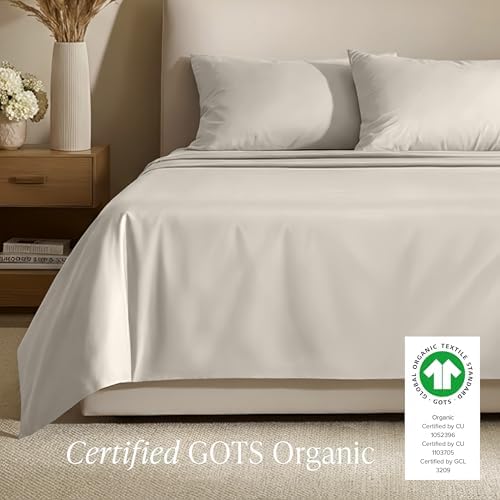 Bare Home 100% Organic Cotton Queen Sheet Set - 400 Thread Count - Smooth Sateen Weave - Breathable & Cooling - Hotel Luxury Set - Deep Pocket Bed Sheets (Queen, French Beige) - Thumbnail 4
