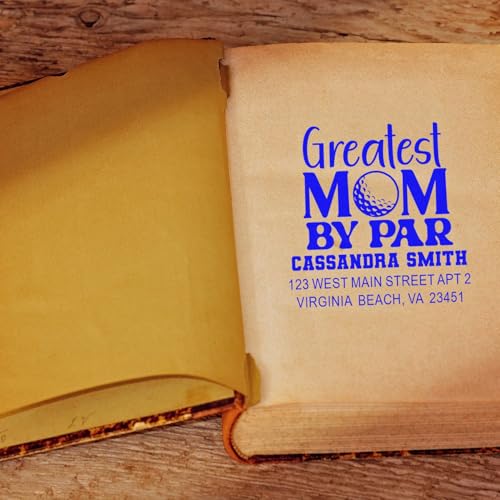 Image of Custom Made Golfing Mom Tribute Wood Handle Rubber Stamp - Address Stamp | Any standard pad works. Golf Course Stamp. Classic Rubber Stamp. Square imprint. Your name and address. Laser-engraved die.
