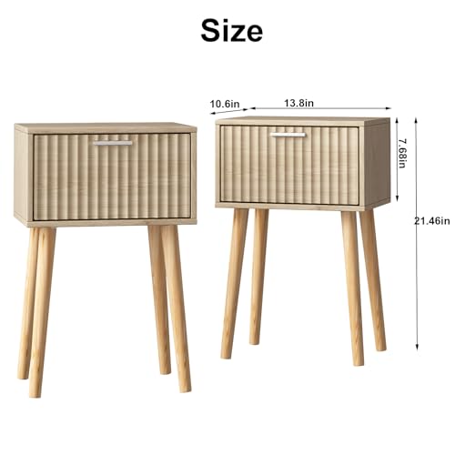 LAATOOREE Nightstands Set of 2, Small Side Table, Bedside Table with Fluted Door, Solid Wood Feet; Modern Mid-Century End Table for Bedroom, Small Space (Natural) - Image 4