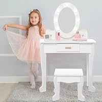 GarveeHome Kids' Vanity Set with Mirror and Light, Makeup Table and Stool for Girls, Vanity Table and Chair Set with Wood Makeup Playset for 4-9 Girls, White (Batteries Not Included)