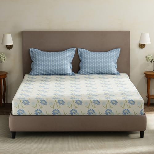 Image of Layers 100% Cotton King Size Bedsheet Set | Blue Floral Print | 120 TC Forever Collection | Soft & Breathable | Washable Bedsheet with 2 Pillow Covers | All Season