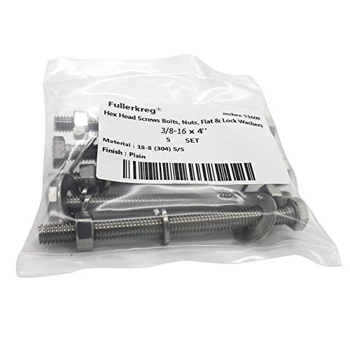 (4 Sets) 3/8-16x4 Stainless Steel Hex Head Screws Bolts, Nuts, Flat & Lock Washers, 18-8 (304) S/S, Fully Threaded by Bolt Fullerkreg - Image 9