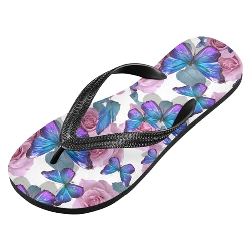 ALAZA Purple Butterflies Rose Flip Flops for Women Fashion Beach Slippers Comfort Mens Flip Flops Non-Slip Rubber Shower Slippers Sandal for Hotel Travel Sport,XS2